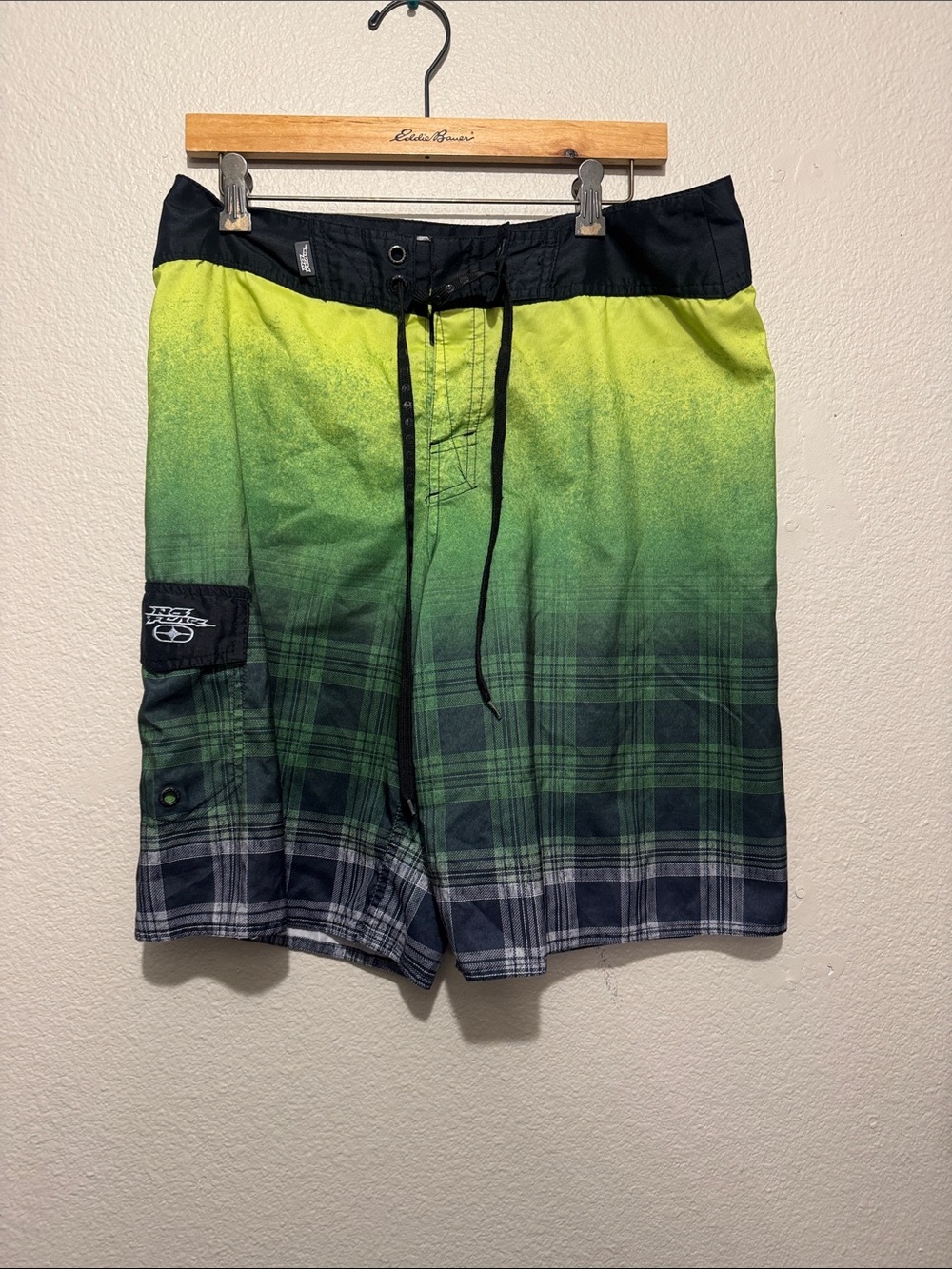 Men's Green Gradient Plaid Swim Board Shorts with Black Waistband